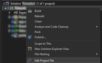 Solution, C# Project, Right Click, Edit Project File