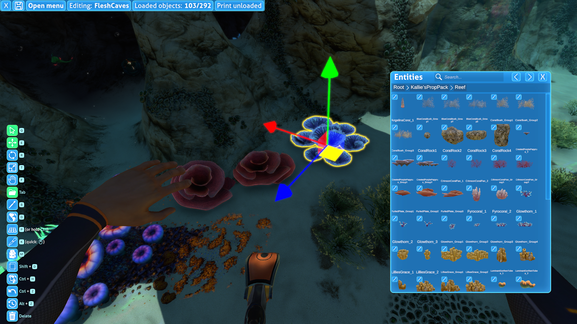 A screenshot of the Mod Structure Helper depicting the user interface, a transformation handle, and the entity browser