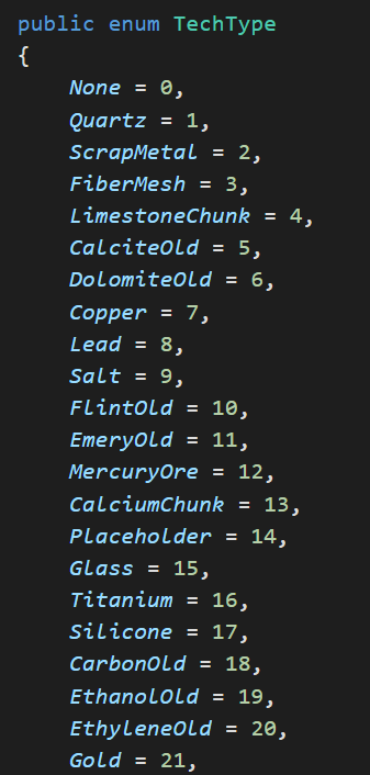 A screenshot of the first 22 values of the decompiled TechType enum